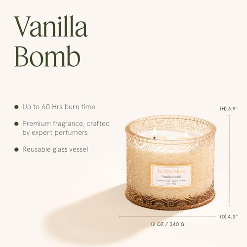 LA JOLIE MUSE Vanilla Bomb Candle – Lemon Zest, Fressia & Patchouli | 12 oz Large 2-Wick Soy Wax Candle | 60 Hours Clean B...