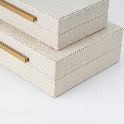 XIGEXIGE Faux Leather Large Modern Stackable Nesting Jewelry Box with Lids Organizer – Set of 2 Beige Shagreen Decorative ...
