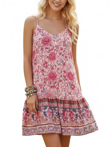 Watoriwa Women's Boho Print Dresses - V-Neck,Loose Sleeveless, Spaghetti Strap Mini Sundress & Coverup for Summer
