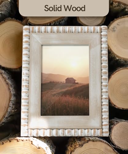 Afuly 5x7 Farmhouse Picture Frame Boho White Beads Photo Frame Wooden Distressed Wall Hanging Desk Standing Decor Artwork ...