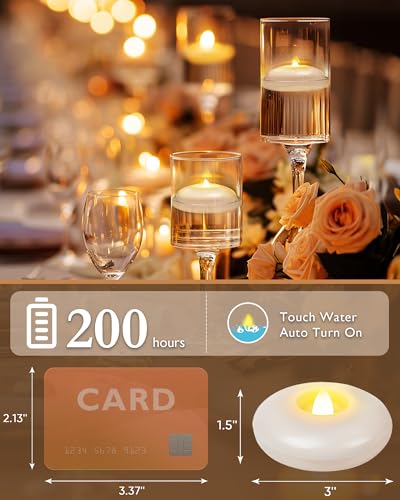 Homemory 24 Pack 3” Flameless Led Floating Candles, 200 Hour White Battery Operate Waterproof Tealights for Cylinder Vase...