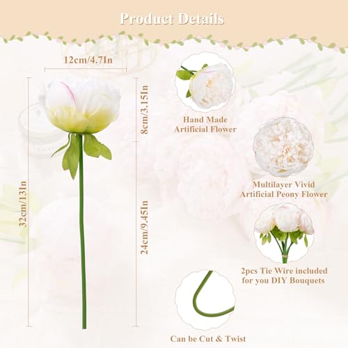U'Artlines 2 Bouquet 10 Heads Artificial Peony Silk Flower Leaf Home Office Wedding Party Festival Bar Decor (Cream White)