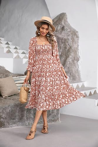 R.Vivimos Women's Summer Cotton Plaid Puff Sleeves Bow Casual Off-Shoulder Boho Midi Dress