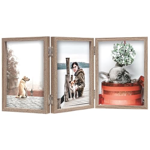 TOFOREVO 4x6 3 Picture Frame Triple Wooden Three Hinged Photo Frame Definition Glass Stand Vertically on Desktop or Tabletop