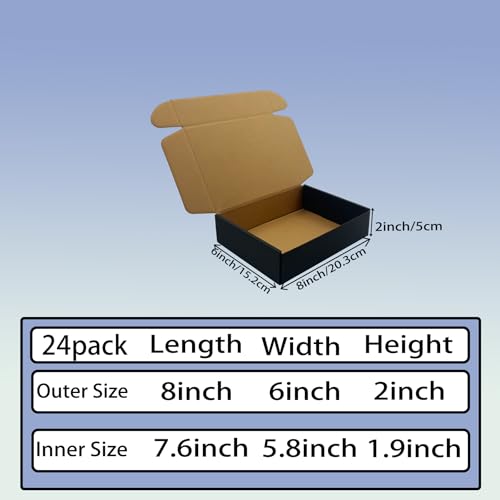24 Pack 8x6x2 inches Black Shipping Boxes, Corrugated Mailer Boxes, Packaging Boxes for Products, Recyclable Cardboard Bo...