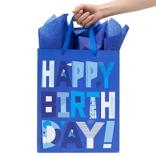 wishinside 13" Large Blue Gift Bags Set with Greeting Card and Tissue Papers (Blue Happy Birthday) for Men's Birthday Part...