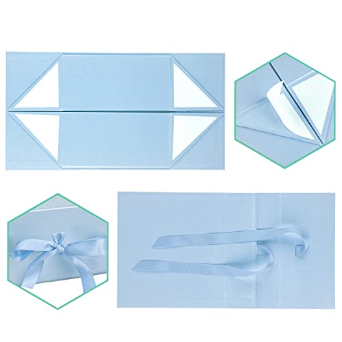 WRAPAHOLIC 2Pcs Blue Gift Box with Satin Ribbon, 8x8x4 Inches Collapsible Gift Box with Magnetic Closure for Party, Weddin...
