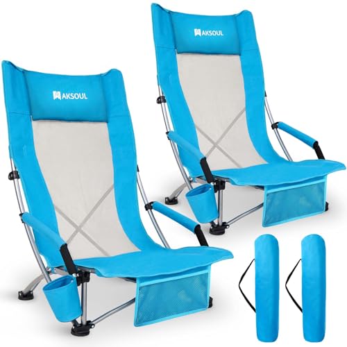 AKSOUL Folding Beach Chair for Adults: Low/High Back Chairs with Carry Bag - Extra Wide Seat Chair with Comfortable Pillow...