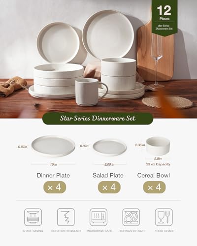 Famiware Star Dinnerware Sets, Plates and Bowls Set for 4, 12 Pieces Ribbed Dishes - Chip and Scratch Resistant, Microwave...