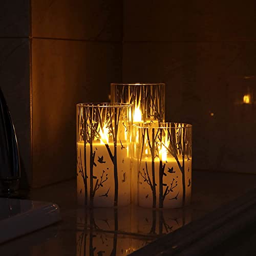 Rhytsing Birch Design Glass Battery Operated LED Candles with Timer, Flameless Pillar Candles Spring & Summer Decor- Inclu...