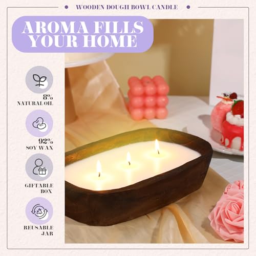 Threlaco 2 Pack Wood Dough Bowl Candle Jar Candle Decorative with Wick Scented Candles Soy Gifts for Men Women Farmhouse T...