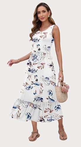 AUSELILY Womens Summer Dresses 2026 Sleeveless Maxi Dress Crewneck Casual Flowy Tiered Sundresses with Pockets