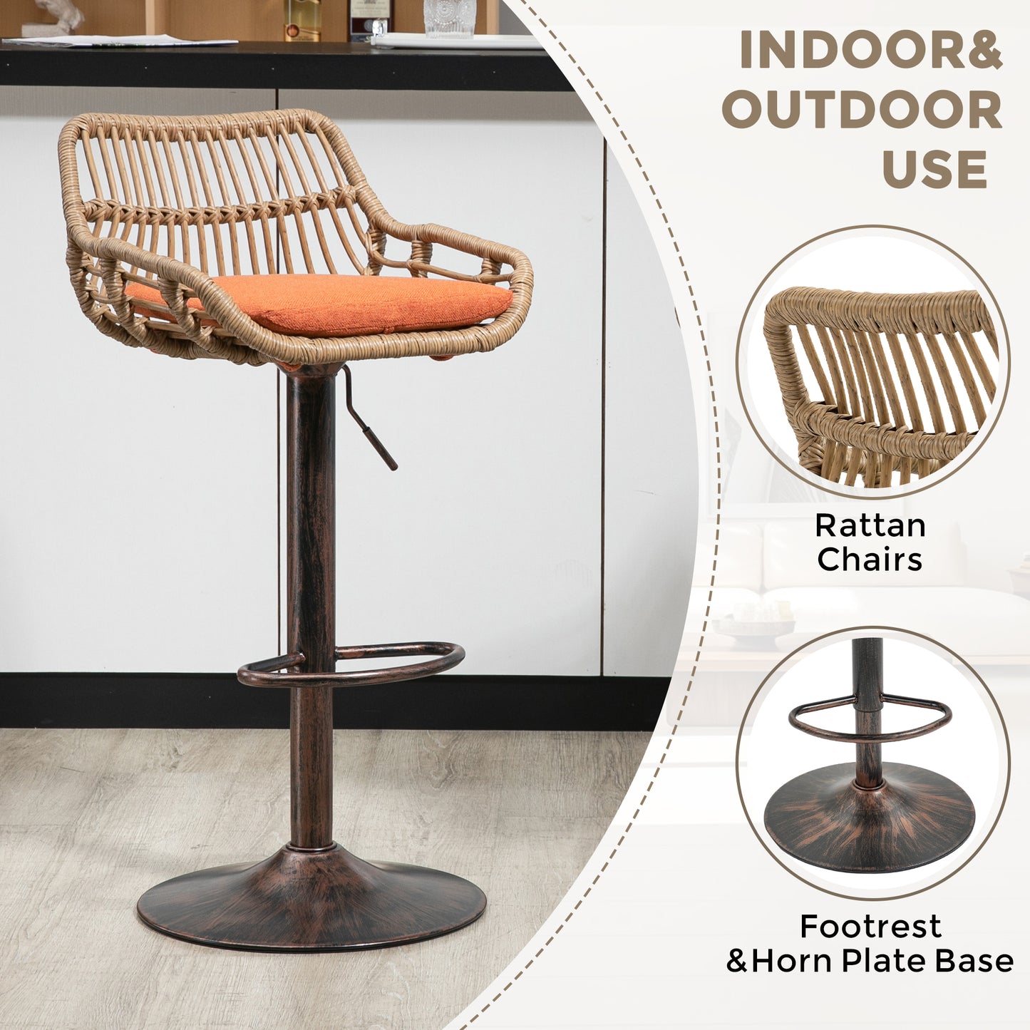 Modern Swivel Bar Stools Set Of 2 Adjustable Counter Height Chairs With Footrest For Kitchen, Dining Room  Orange