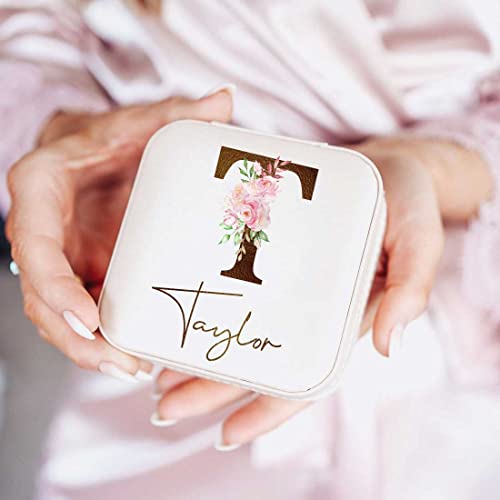 DayOfShe Personalized Bridesmaid Gifts-Travel Jewelry Box for Bachelorette Party Gifts-Leather Initial Floral Jewelry Orga...