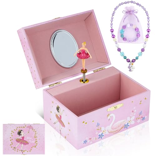 Taduoduo Girls' Musical Jewelry Box Organizer with Jewelry Set - glittering pink Spinning Ballerina Theme, Swan Lake Tune...