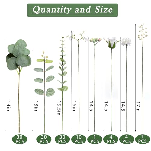 110 Pcs 7 Kinds Mixed Artificial Eucalyptus Stems and Faux Flowers,Fake Silver Dollar Eucalyptus Leaves Stems Bulk Real To...