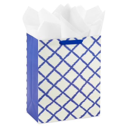 Hallmark 13" Large Gift Bag with Tissue Paper and Gift Tag (Pink Flower on Blue Plaid) for Valentine's Day, Mother's Day, ...
