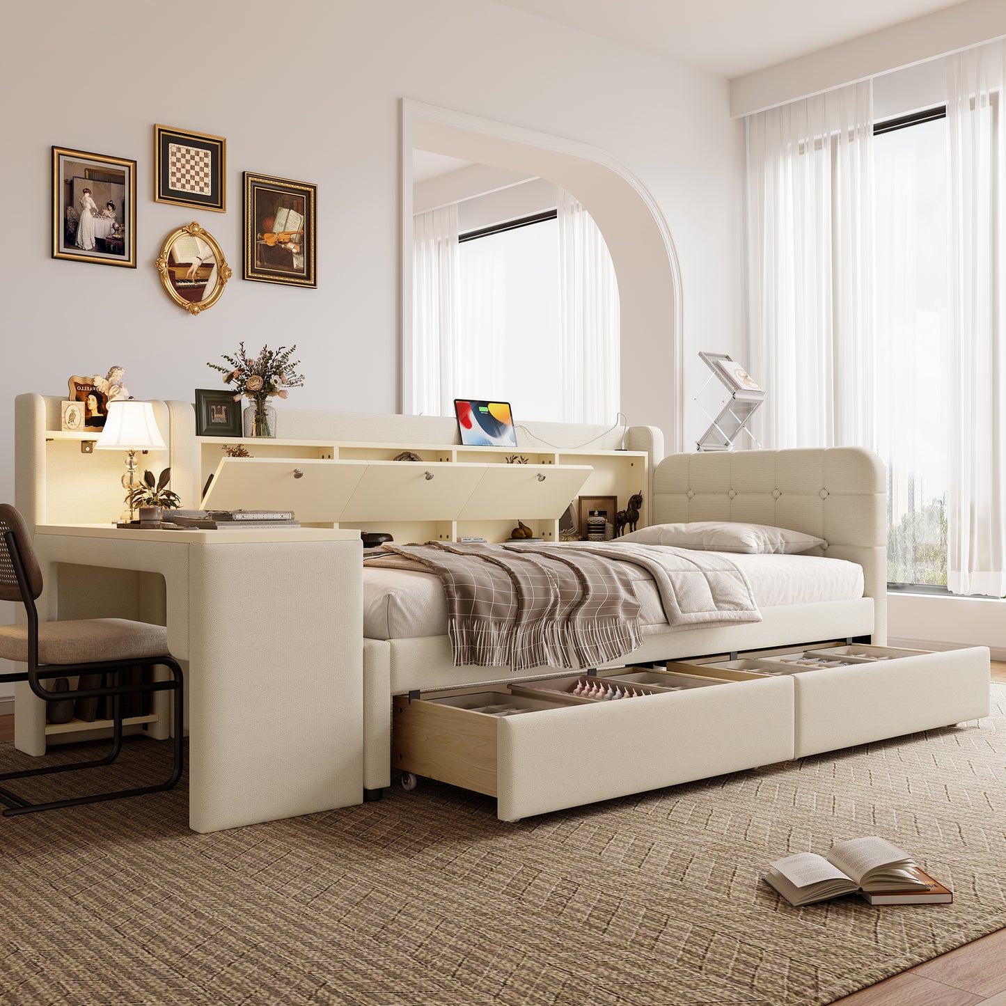 Daybed, Daybed, Sofa Bed, With 2 Drawers, Desk, USB  Type C, Flip-top Storage Compartment, Storage Compartment, Bed With Slatted Base Without Mattress, Linen, Beige