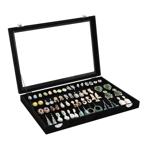 Wudygirl Earring Organizer Tray Jewelry Organizer 32 Pairs Earring Box Organizer Black Velvet Jewelry Display Case with Tr...