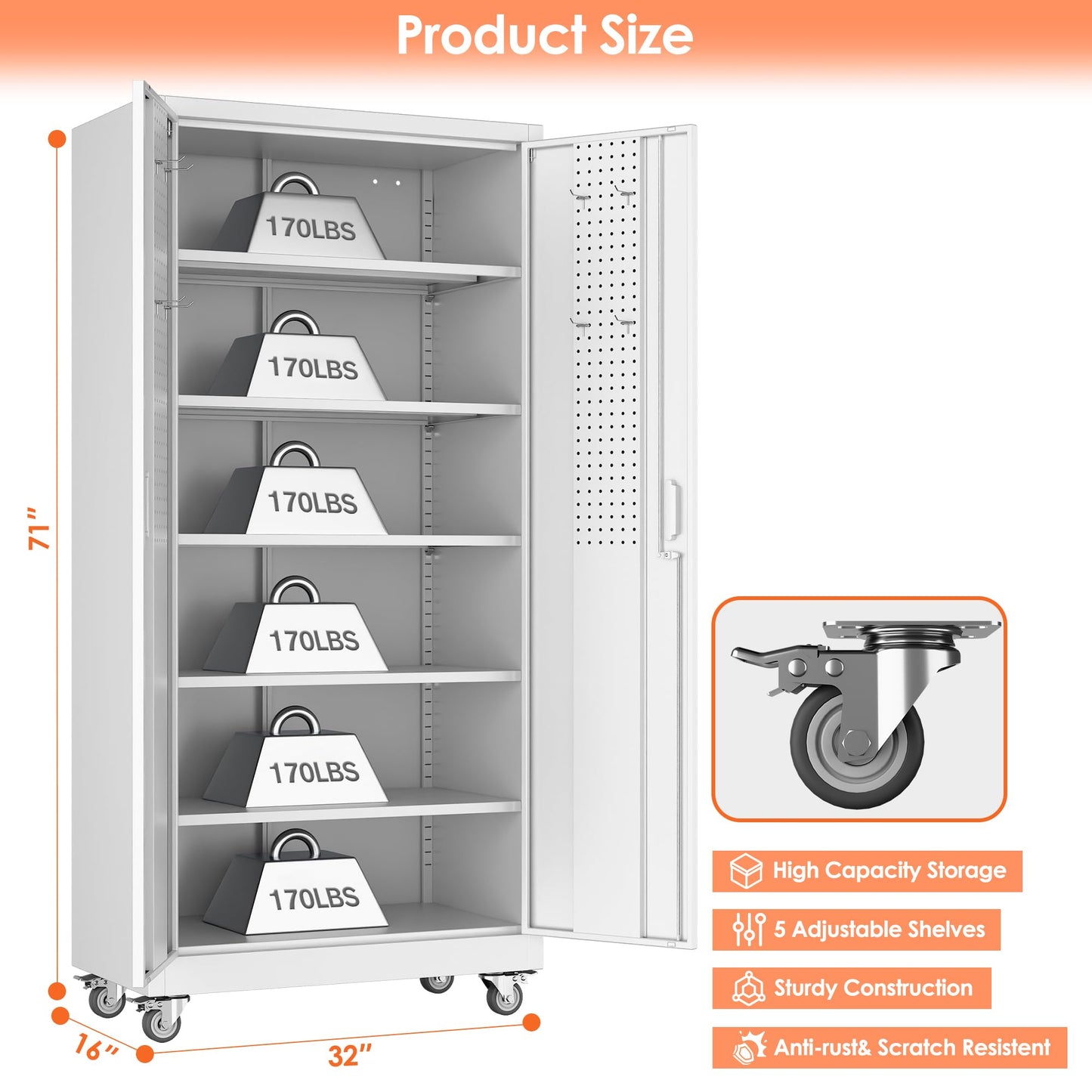 Aobabo Metal Storage Cabinet With Wheels, Steel Locking Cabinet With Pegboard Doors, Garage Cabinet For Office Pantry, 5 Adjustable Shelves White