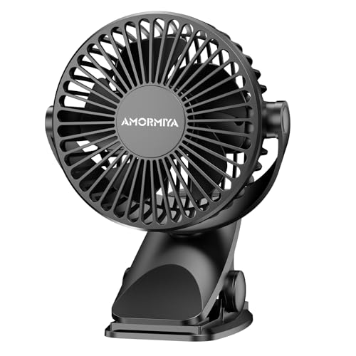 AMORMIYA Portable Clip on Fan, 4000mAh Battery Operated Fan, Max 4.5m/s Strong Airflow, 20H Runtime, Quiet 3 Speed USB Rec...