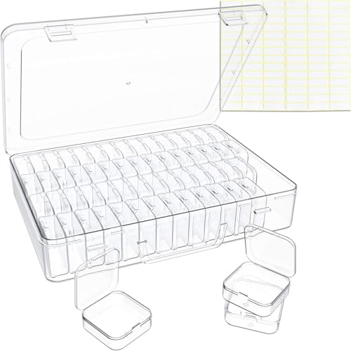 Bead Organizer Box, 60 Pack Small Clear Storage Boxes with Labels, Large Travel Craft Case with Handle, Mini Plastic Conta...