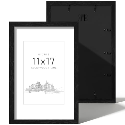 Picrit 11x17 Picture Frame Set of 2, Solid Wood with Black Backboard, Displays 8x12 with Mat or 11 x 17 Without Mat, Wall ...