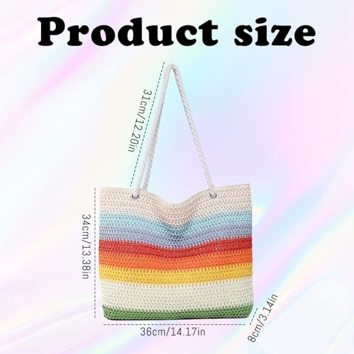 Andiker Rainbow Straw Bags for Women 2025, Lightweight Large Beach Bag with Zipper Summer Striped Straw Tote Bag for Women