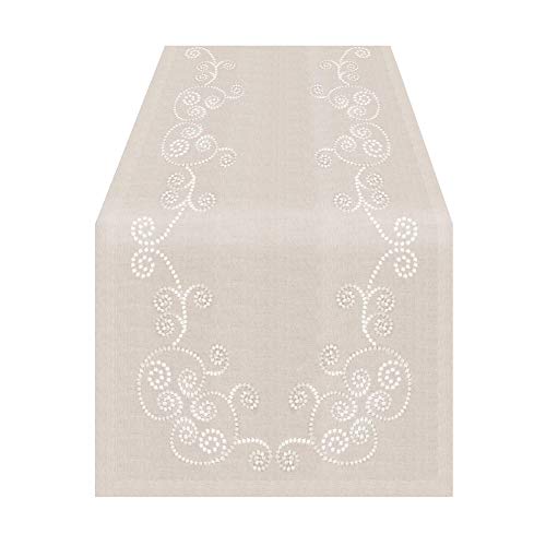 SARO LIFESTYLE 001.N1654B Augustina Collection Embroidered Swirl Design Linen Blend Table Runner, 16" x 54", Natural