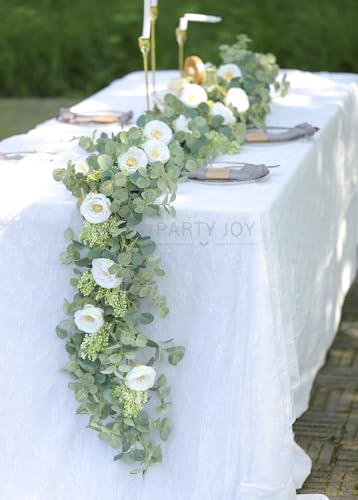 PARTY JOY 6.56ft Eucalyptus Garland with Flowers-8 White Roses, Artificial Fake Flowers Greenery Garland Floral Vines for ...