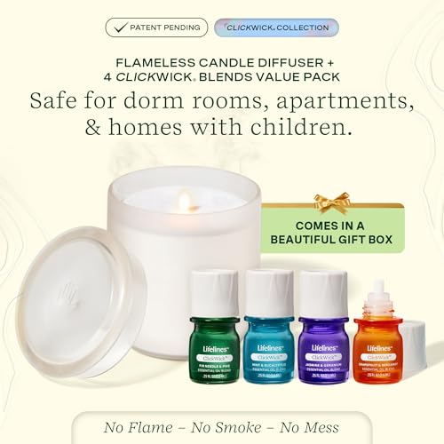 Lifelines Flameless Candle Aromatherapy Essential Oil Diffuser with 4 ClickWick Essential Oil Blends Value Pack - Cordless...