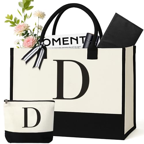 GENGBIN Personalized Canvas Tote Bag for Women Makeup Pouch Initial Beach Bag Removable Bottom Board for Travel Birthday