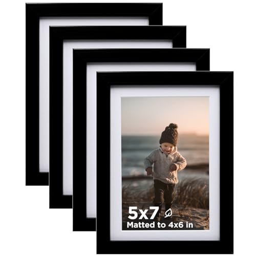 KINLINK 5x7 Picture Frame Black Set of 4, Wooden Photo Frames Matted 4x6 with Plexiglass for 4x6 with Mat or 5x7 without M...