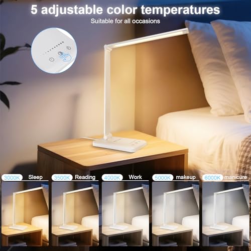 White crown LED Desk Lamp Dimmable Table Lamp Reading Lamp with USB Charging Port, 5 Lighting Modes, Sensitive Control, 3...