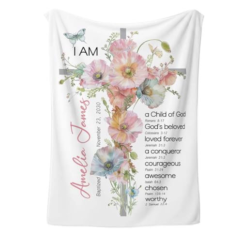 Personalized Baptism Blanket For Baby Girl, Floral Cross Christian Baby Gift, Custom Name Baptism Keepsake With Bible Vers...
