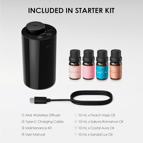 Airversa Waterless Essential Oil Diffuser Starter Kit with 4 x 10mL Fragrance Scent Oil, Battery Operated Mini Scent Air M...