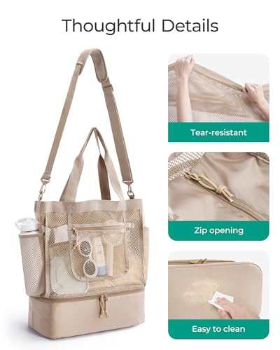 BAGSMART Beach Bag for Women, Mesh Tote Bags with Zipper, Sandproof Vacation Essentials with Cooler for Swim Cruise Pool