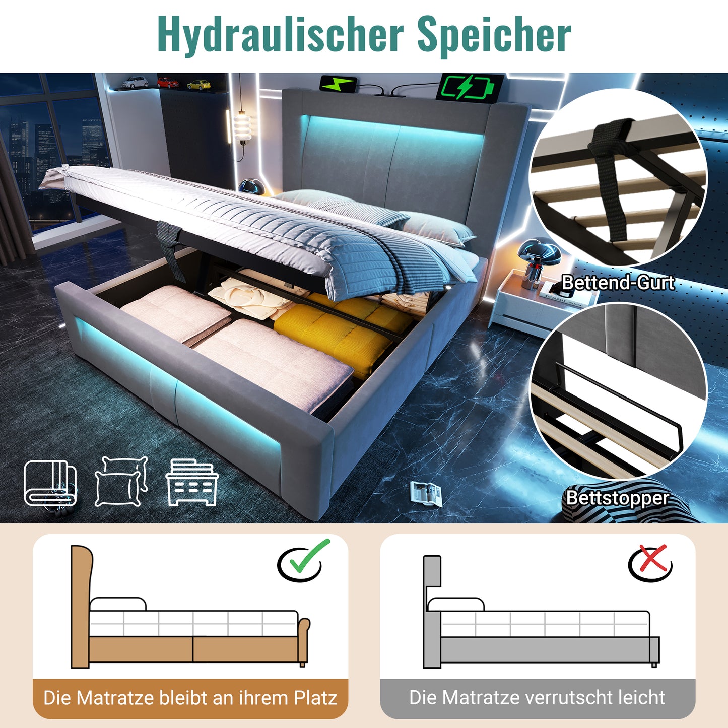 Single Bed 90x200 Cm With Storage, Hydraulic Bed, LED Lighting With App Control, USB & Type-C Charging Ports, Velvet, Headboard With Curved Design, Grey, Without Mattress