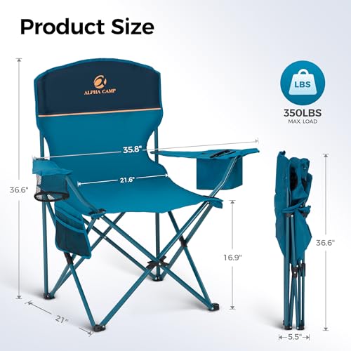 ALPHA CAMP Camping Chairs 350LBS Capacity, Heavy Duty Folding Chair with 4-Can Cooler Bag, Portable Outdoor Chair with Cup...