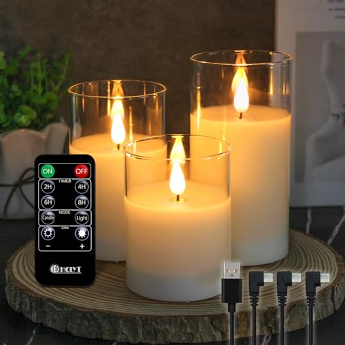 LEDHOLYT Rechargeable Flameless Glass Pillar Candles–Mothers Day Gifts,–Set of 3, Realistic Flickering LED Light,Remote & ...