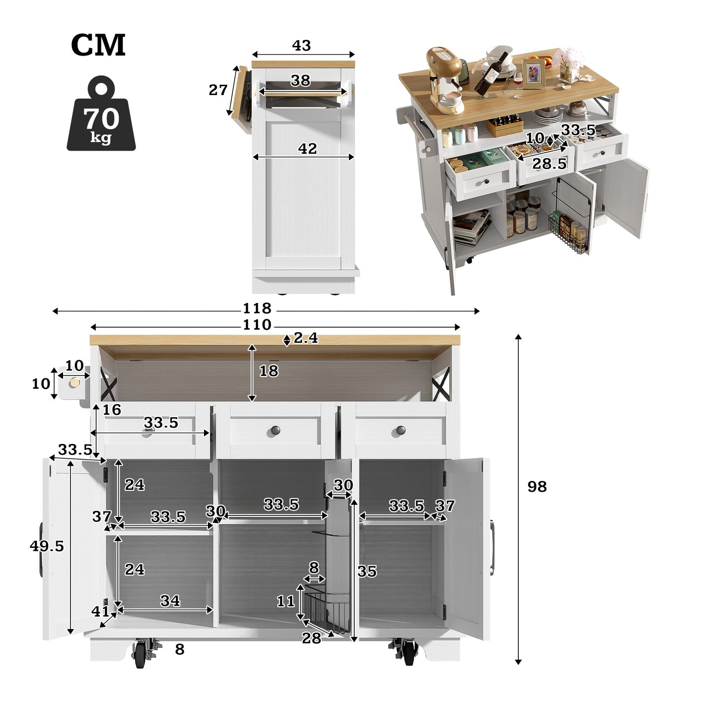 Modern Kitchen Island  118x43x98cm Kitchen Cabinet Dining Cabinet With Wood Grain Dining Trolley On Castors With Multifunctional Storage Space, Removable Dividers, With Towel Rail, White