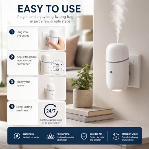 Pvowekia Waterless Essential Oil Diffuser, Cold Waterless Diffuser with Low/High Switch, Plug in Diffuser with Night Ligh...