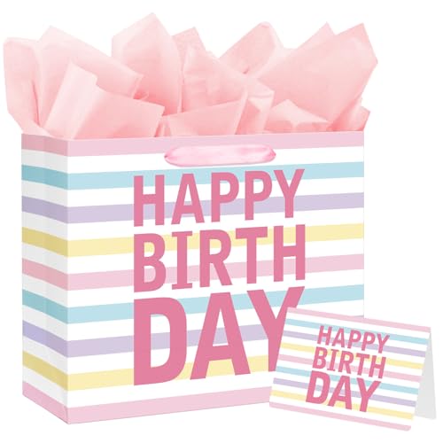 Laidans 13" Large Happy Birthday Gift Bag with Handles and Tissue Paper, Cards for Girls Women Birthday Party Favors Wrap,...