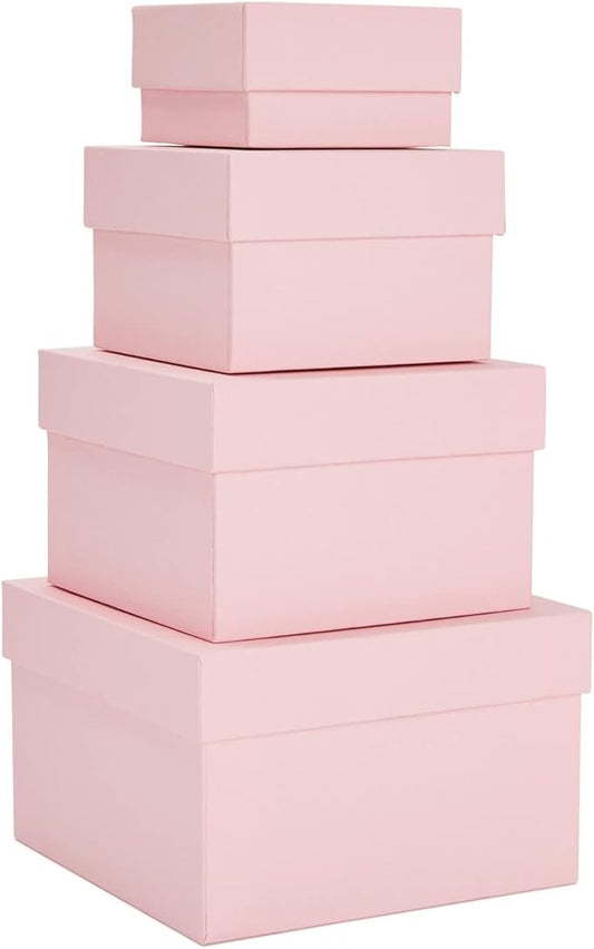 Stockroom Plus Gift Box Set - 4 Piece Assortment, Pink - Nesting & Stackable Pink Square Boxes with Lids for Weddings, Bir...
