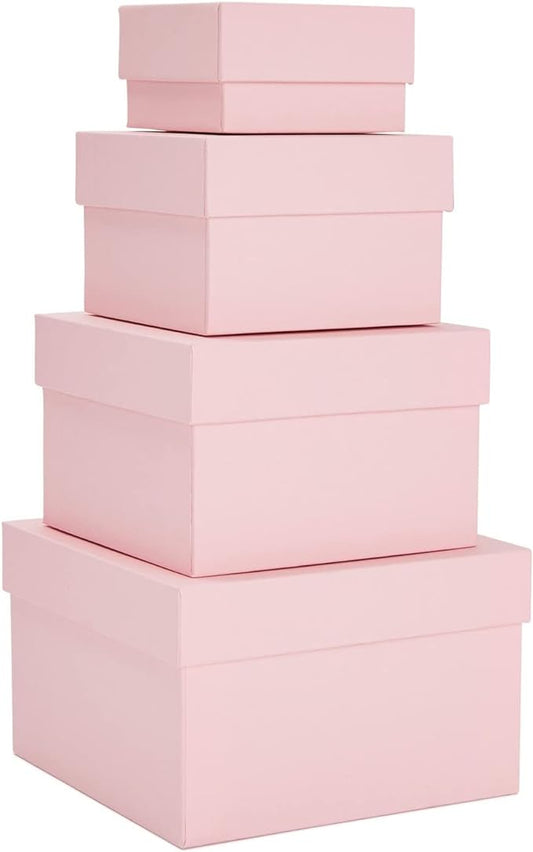 Stockroom Plus Gift Box Set - 4 Piece Assortment, Pink - Nesting & Stackable Pink Square Boxes with Lids for Weddings, Bir...