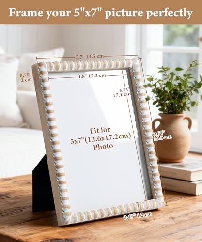 Afuly 5x7 Picture Frame Farmhouse Photo Frame Boho Beaded Frames Distressed White Wood Unique Wall Hanging Desk Standing G...