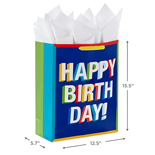 Hallmark 15" Extra Large Birthday Gift Bag with Tissue Paper (Happy Birthday, Red, Blue, Yellow, Green) for Kids, Teacher...