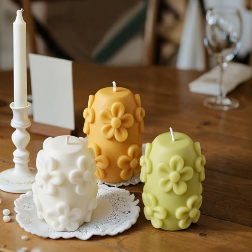 Lyrow 3 Pcs Daisy Pillar Candles 3D Embossed Floral Candle Set 3'' H Easter Decorative Candles for Spring Wedding Home Din...