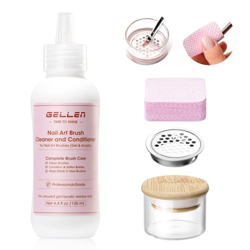 Gellen Nail Art Brush Cleaner Set, 130ml Rose Oily Acrylic Brush Cleaner Liquid with Filter Mesh Wash Cup & 100Pcs Lint-Fr...