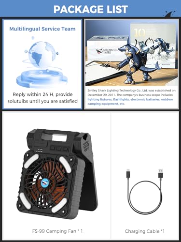 Smiling Shark Camping Fan with LED Lantern, USB Rechargeable Solar Camp Fan with 4 Speeds Powerful Wind & 3 Timer 90° Fold...